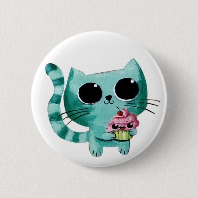 Cute Kitty Cat with Kawaii Cupcake 6 Cm Round Badge (Front)