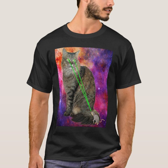 Cute Kitty Cat With Laser Beam Eyes Galaxy Backgro T-Shirt (Front)