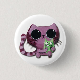 Cute Kitty Cat with Little Green Monster 3 Cm Round Badge