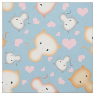 Cute Kitty Cats and Hearts Pattern Fabric