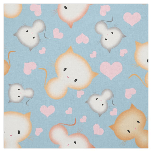 Cute Kitty Cats and Hearts Pattern Fabric (Swatch)