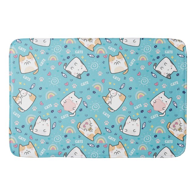 Cute Kitty Cats Whimsical Pattern Bath Mat (Front)