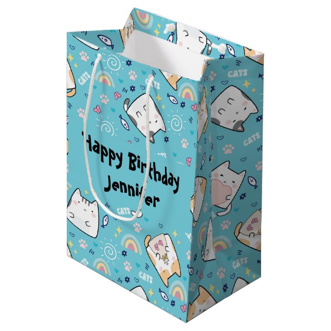 Cute Kitty Cats Whimsical Pattern Happy Birthday Medium Gift Bag (Front Angled)