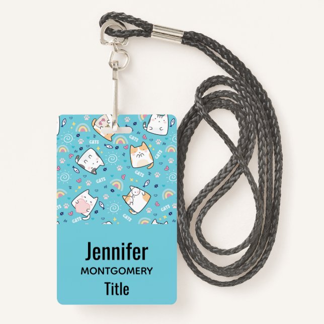 Cute Kitty Cats Whimsical Pattern ID Badge (Front with Lanyard)
