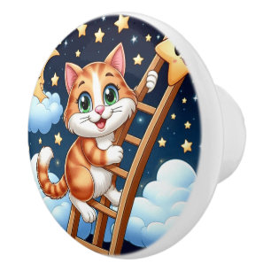 Cute Kitty Climbs Ladder to the Moon Ceramic Knob