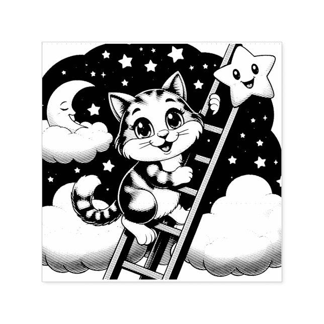 Cute Kitty Climbs Ladder to the Moon  Self-inking Stamp (Design)
