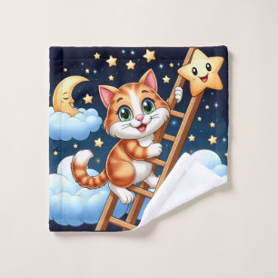 Cute Kitty Climbs Ladder to the Moon Wash Cloth