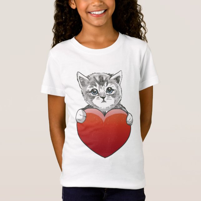 Cute Kitty Face Cat Red Heart T-Shirt (Front)