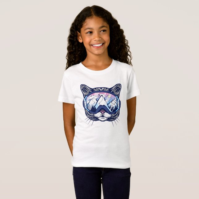 Cute Kitty Face Cat with Ski Glasses T-Shirt (Front Full)