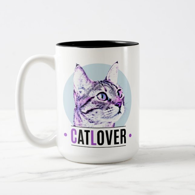 Cute Kitty Face Pink and Black Cat Lover Two-Tone Coffee Mug (Left)