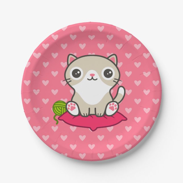Cute Kitty Illustration Paper Plate (Front)