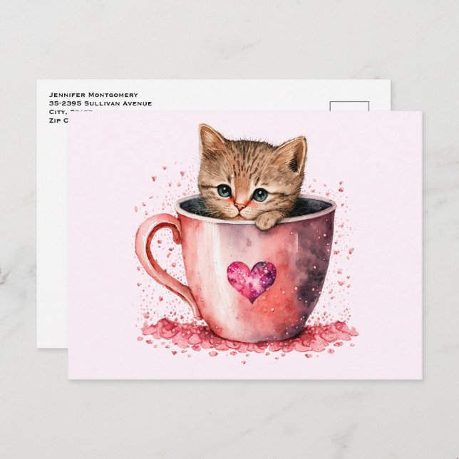 Cute Kitty in a Teacup with Hearts Valentine's Day Holiday Postcard (Front/Back)