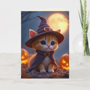 Cute kitty in a witch costume, Halloween  Card