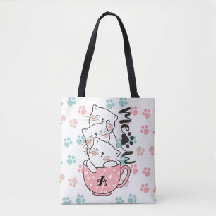 Cute Kitty Kittens Cats in Pink Cup Monogram Tote Bag