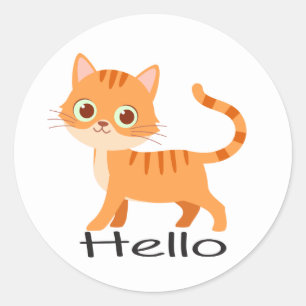 Cute Kitty Orange Tabby Kitten Cartoon Hello Cat Classic Round Sticker