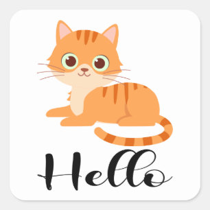 Cute Kitty Orange Tabby Kitten Cartoon Hello Cat Square Sticker
