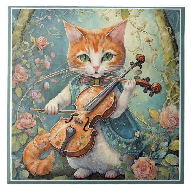 Cute Kitty Playing the Violin Tile (Front)