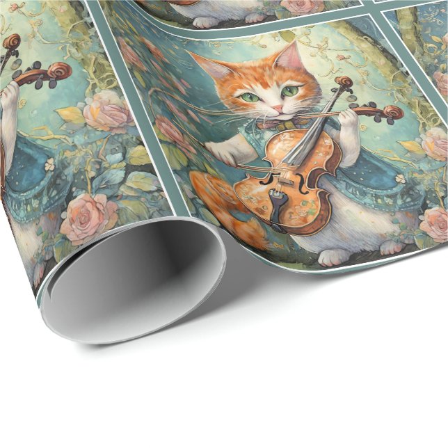 Cute Kitty Playing the Violn Wrapping Paper (Roll Corner)