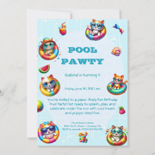 Cute Kitty Pool Party Birthday Invitation 