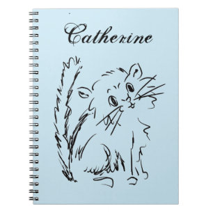 Cute Kitty Sketch Personalise Blue Notebook