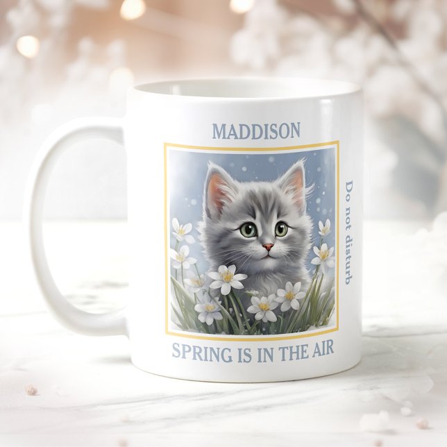 Cute Kitty Spring Flowers Cat Lover Name Blue Mug (Cute Kitty Spring Flowers Cat Lover Name Blue and yellow Mug)
