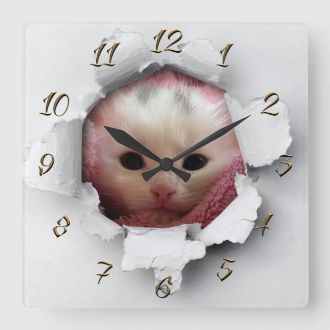 Cute kitty square wall clock (Front)