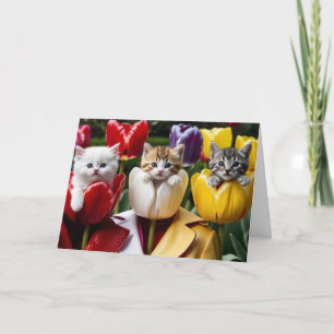 Cute Kitty Tulips Greeting Card