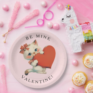 Cute Kitty Vintage Be Mine Valentine Paper Plate