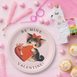 Cute Kitty Vintage Be Mine Valentine Paper Plate