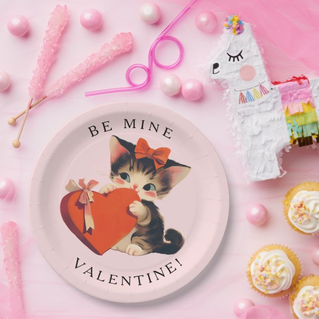 Cute Kitty Vintage Be Mine Valentine Paper Plate (Party)