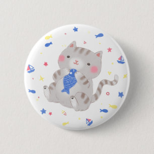 Cute Kitty with Fish in Summer Illustration 6 Cm Round Badge