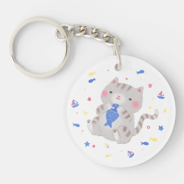 Cute Kitty with Fish in Summer Illustration Key Ring (Front)