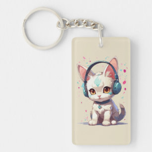Cute Kitty with Headphones Charm Key Ring