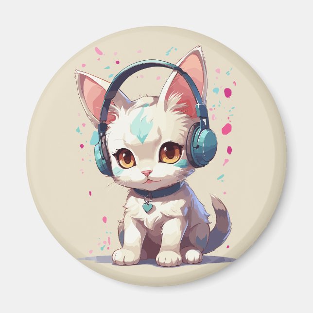 Cute Kitty with Headphones Charm Magnet (Front)