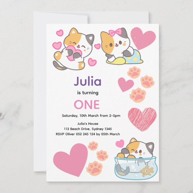 Cute kitty with hearts  baby girl birthday  invitation (Front)
