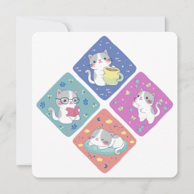 Cute Kitty's Busy Day Illustration Card (Front)