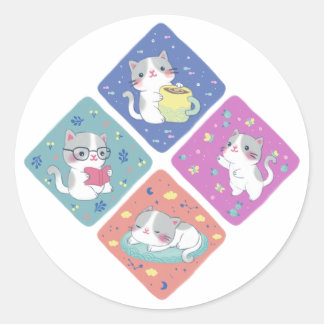 Cute Kitty's Busy Day Illustration Classic Round Sticker