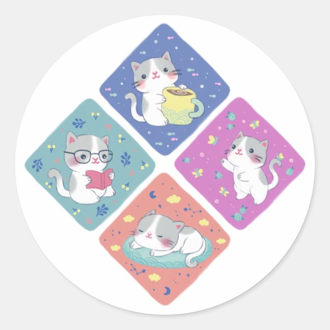 Cute Kitty's Busy Day Illustration Classic Round Sticker (Front)