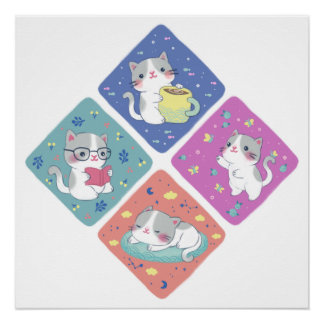 Cute Kitty's Busy Day Illustration Poster