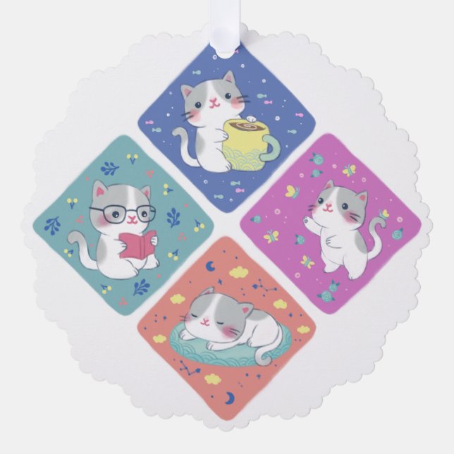 Cute Kitty's Busy Day Illustration Tree Decoration Card (Front)