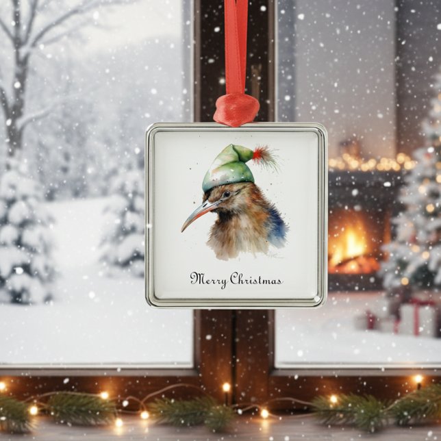Cute Kiwi Bird in Christmas Elf Hat, custom Metal Tree Decoration (Creator Uploaded)