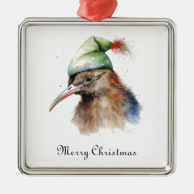 Cute Kiwi Bird in Christmas Elf Hat, custom Metal Tree Decoration (Front)