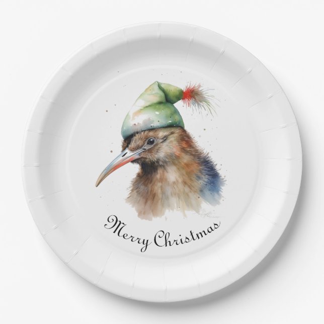 Cute Kiwi Bird in Christmas Elf Hat, custom Paper Plate (Front)