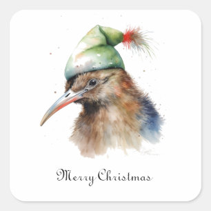 Cute Kiwi Bird in Christmas Elf Hat, custom Square Sticker