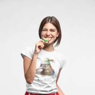 Cute Kiwi Bird in Christmas Elf Hat, custom T-Shirt