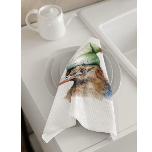 Cute Kiwi Bird in Christmas Elf Hat, custom Tea Towel