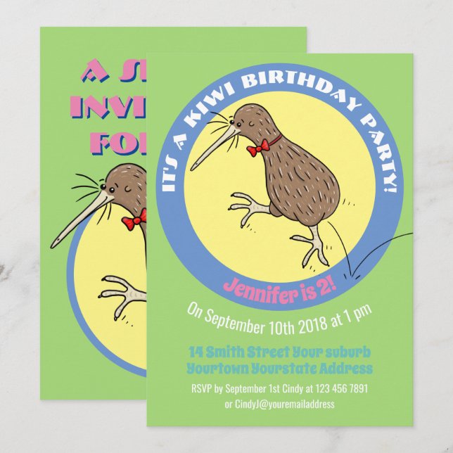 Cute kiwi jumping cartoon invitation (Front/Back)