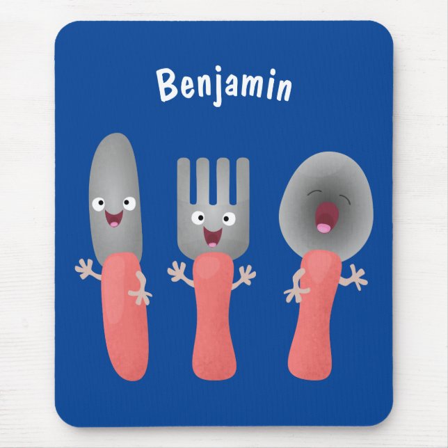 Cute knife fork and spoon cutlery cartoon mouse pad (Front)