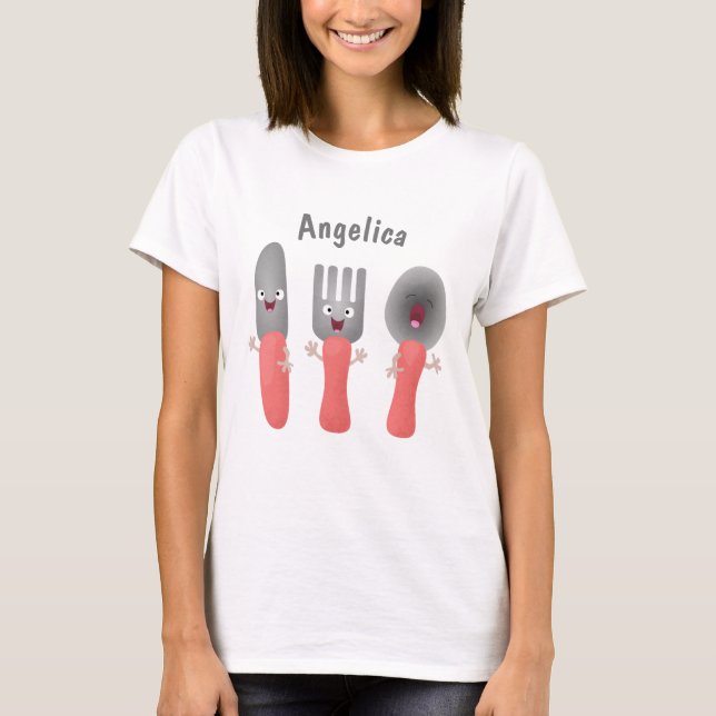 Cute knife fork and spoon cutlery cartoon T-Shirt (Front)