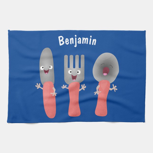 Cute knife fork and spoon cutlery cartoon tea towel (Horizontal)